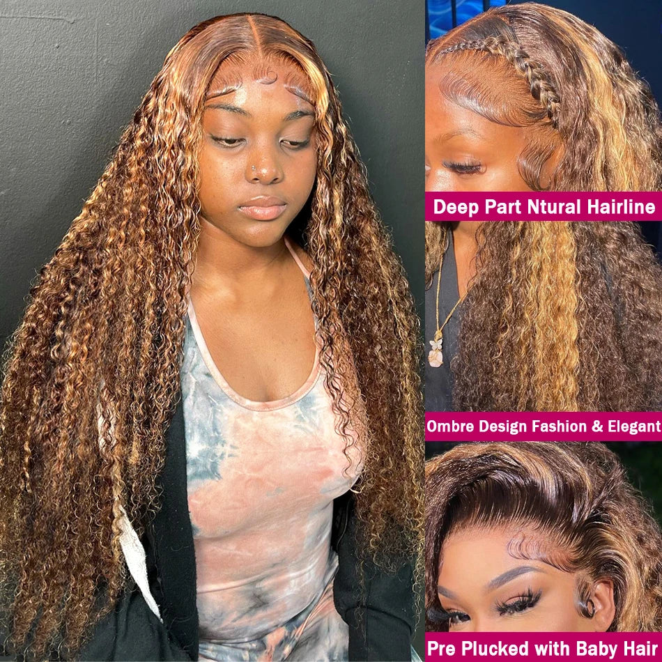 Curly Colored Highlight Wig Human Hair Deep Wave