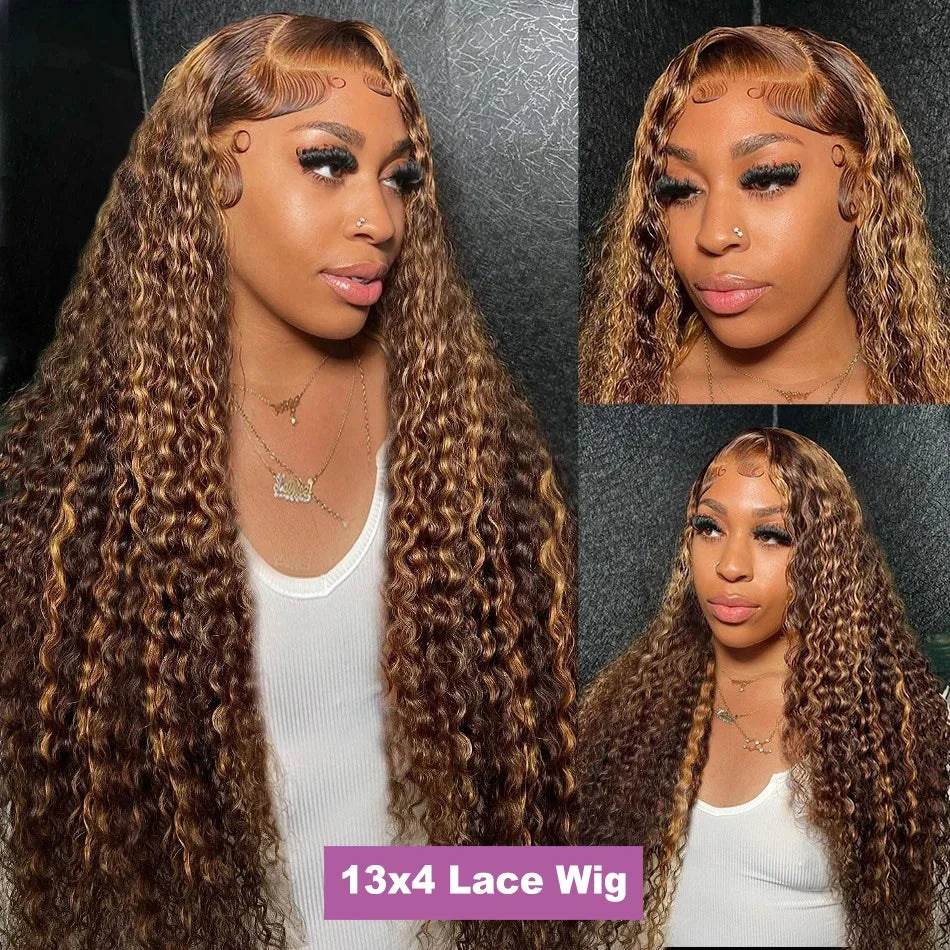 Curly Colored Highlight Wig Human Hair Deep Wave