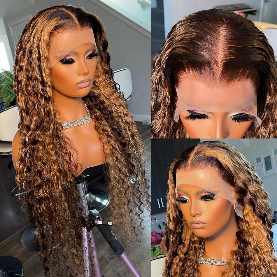Curly Colored Highlight Wig Human Hair Deep Wave